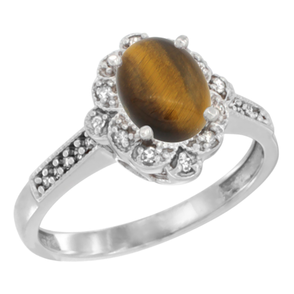 14K Yellow Gold Natural Tiger Eye Ring Oval 8x6 mm Floral Diamond Halo, sizes 5 - 10