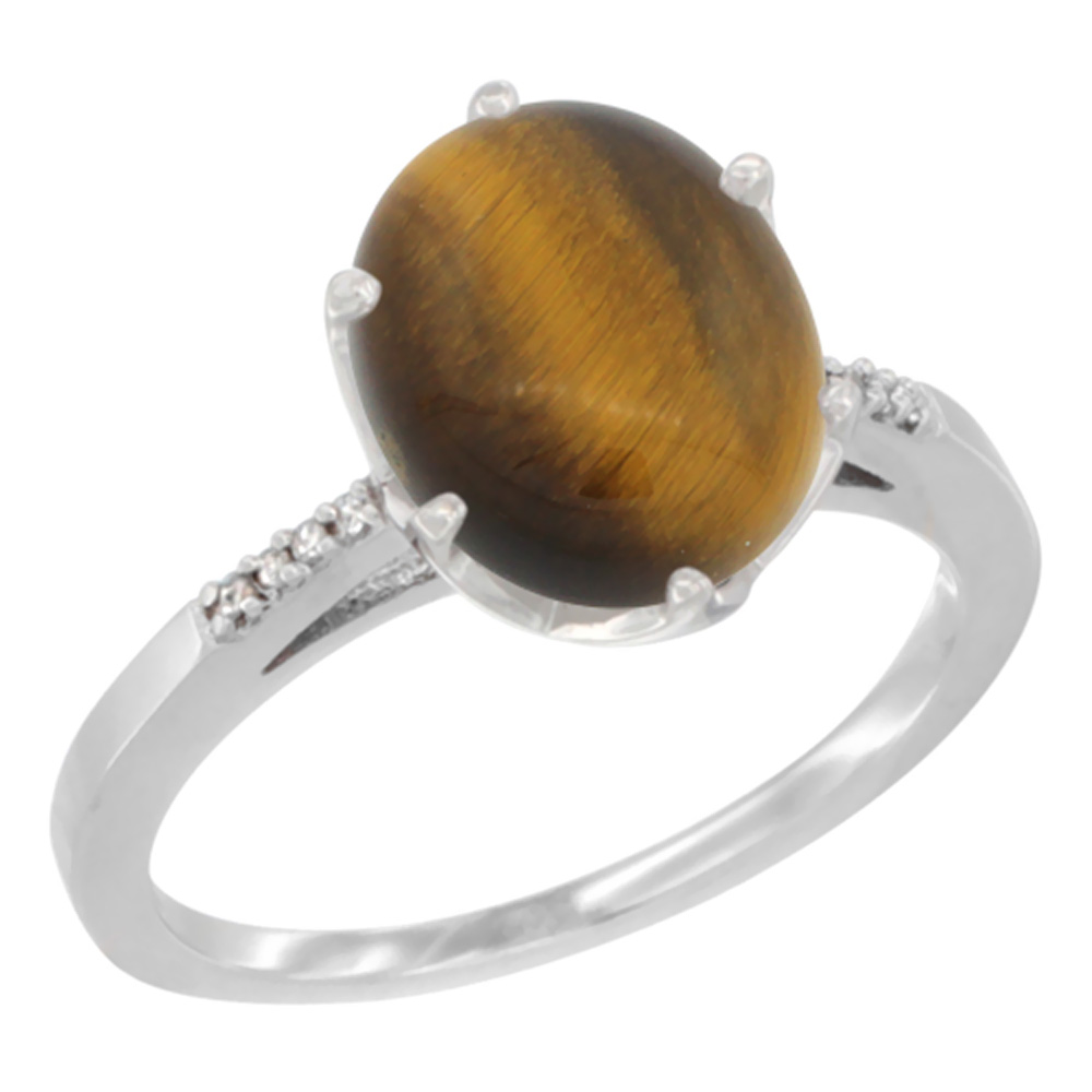 10K White Gold Natural Tiger Eye Engagement Ring 10x8 mm Oval, sizes 5 - 10