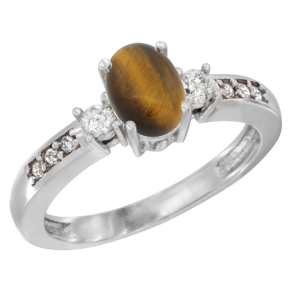 10K Yellow Gold Diamond Natural Tiger Eye Engagement Ring Oval 7x5 mm, sizes 5 - 10