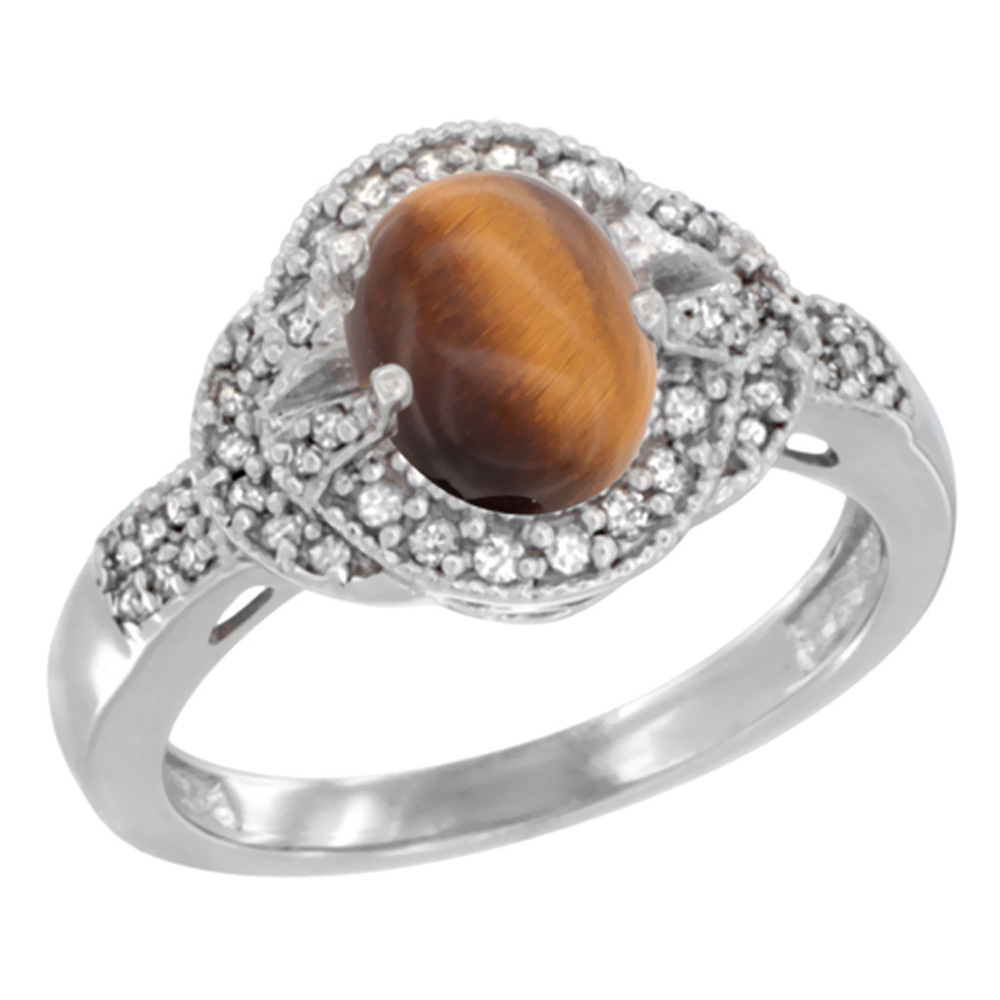 14K White Gold Natural Tiger Eye Ring Oval 8x6 mm Diamond Accent, sizes 5 - 10
