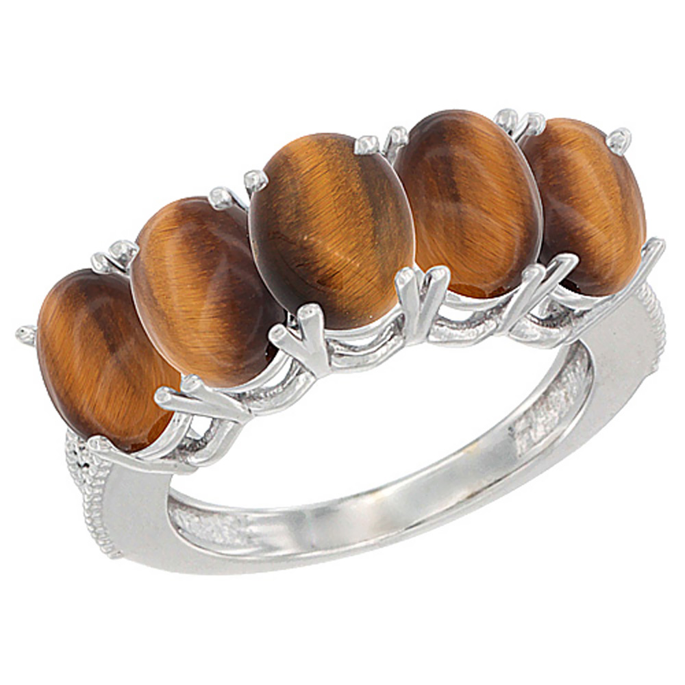 14K White Gold Natural Tiger Eye 0.75 ct. Oval 7x5mm 5-Stone Mother&#039;s Ring with Diamond Accents, sizes 5 to 10 with half sizes