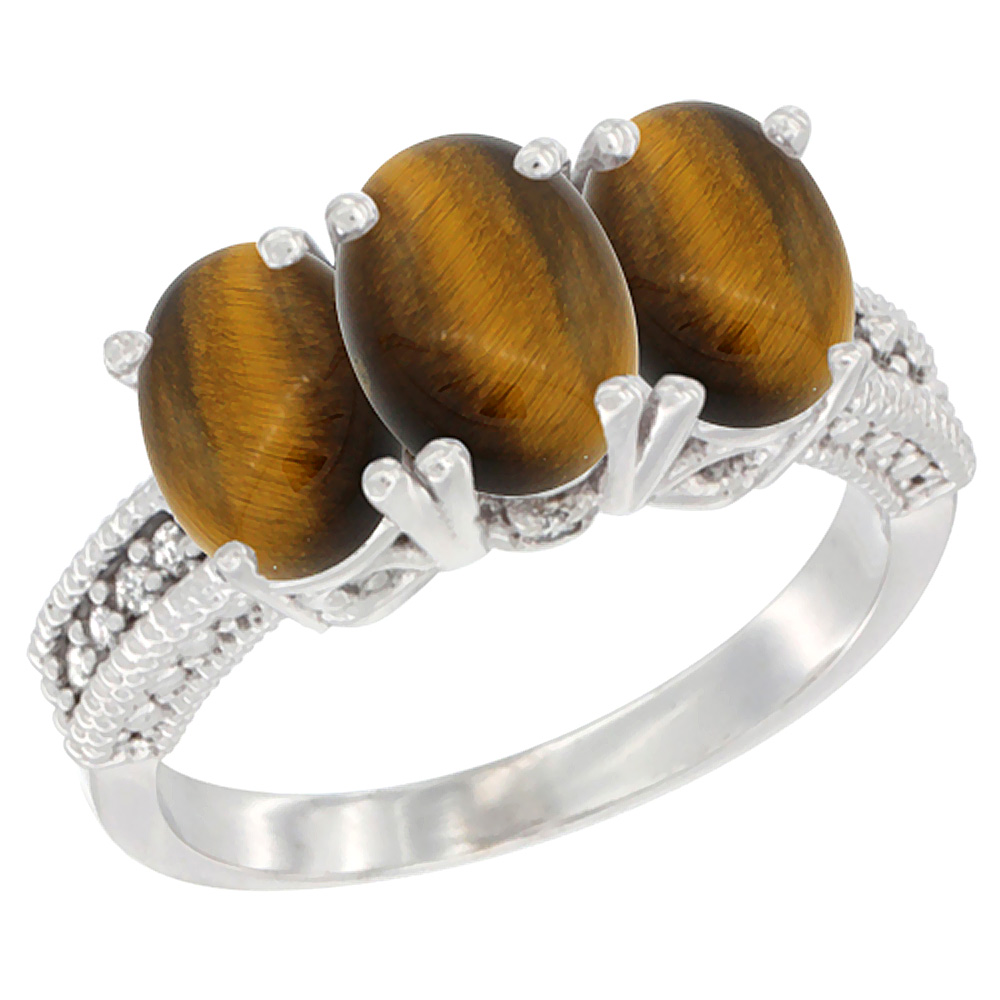 14K White Gold Natural Tiger Eye Ring 3-Stone 7x5 mm Oval Diamond Accent, sizes 5 - 10