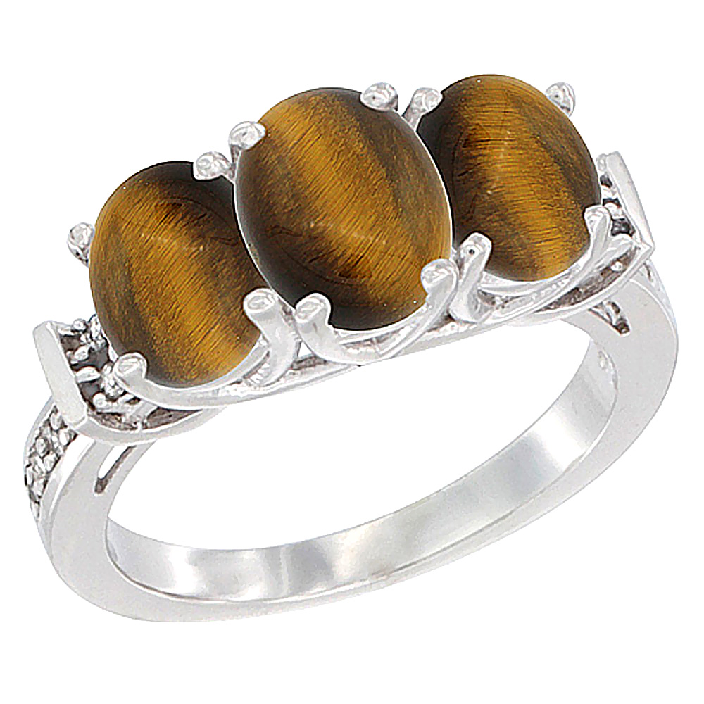10K White Gold Natural Tiger Eye Ring 3-Stone Oval Diamond Accent, sizes 5 - 10