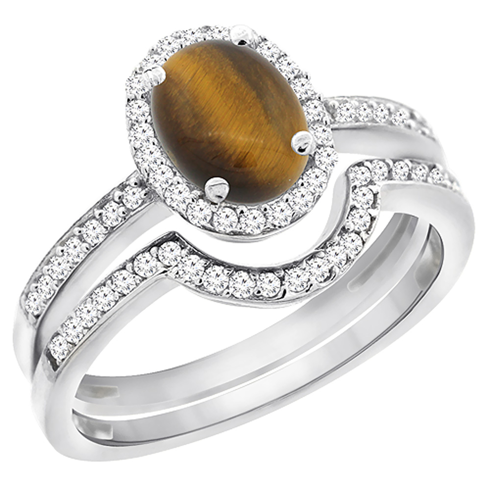 14K White Gold Diamond Natural Tiger Eye 2-Pc. Engagement Ring Set Oval 8x6 mm, sizes 5 - 10