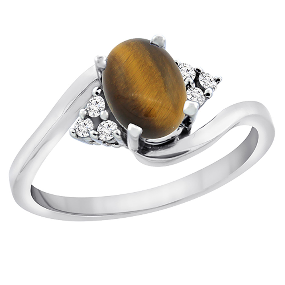 10K White Gold Diamond Natural Tiger Eye Engagement Ring Oval 7x5mm, sizes 5 - 10