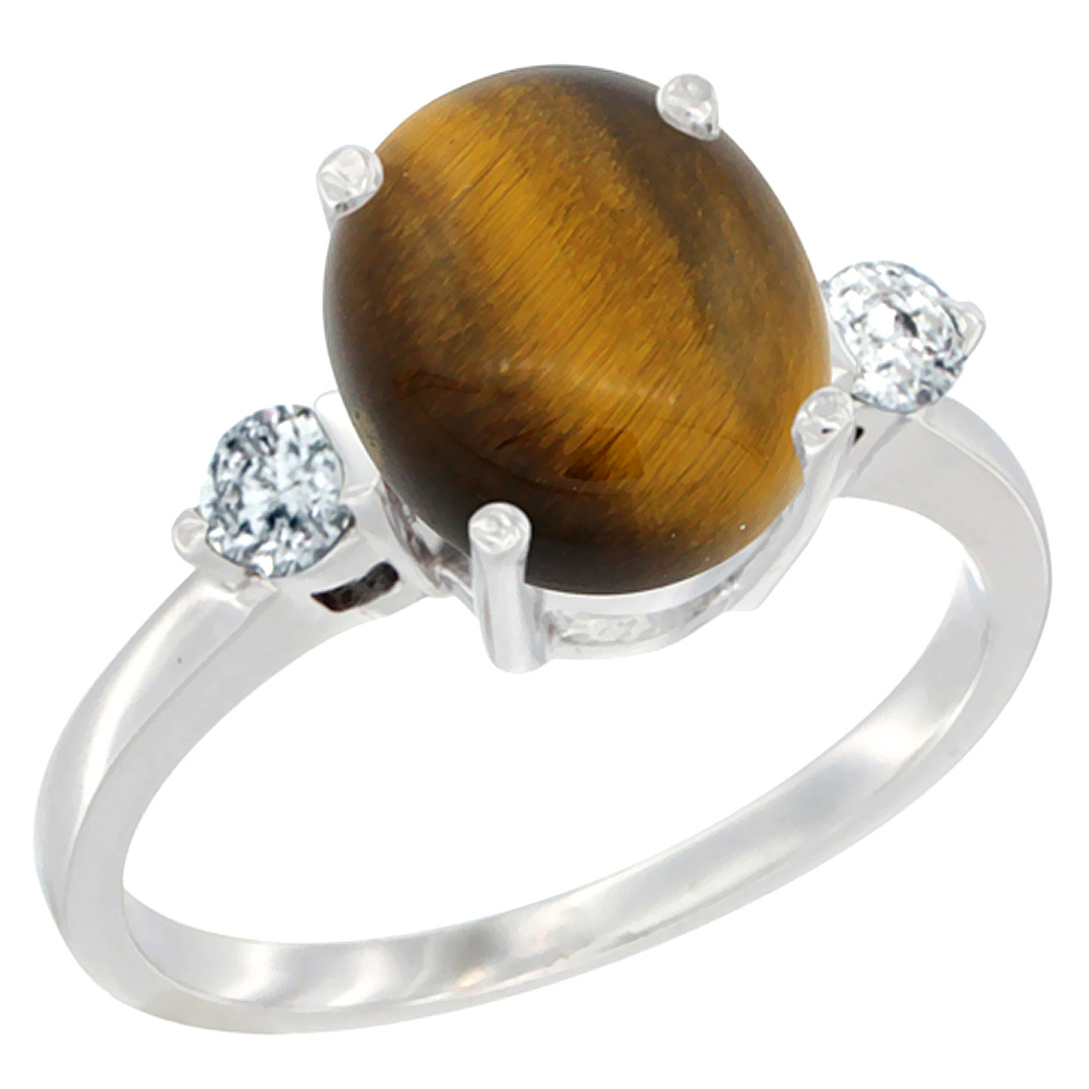 14K White Gold 10x8mm Oval Natural Tiger Eye Ring for Women Diamond Side-stones sizes 5 - 10