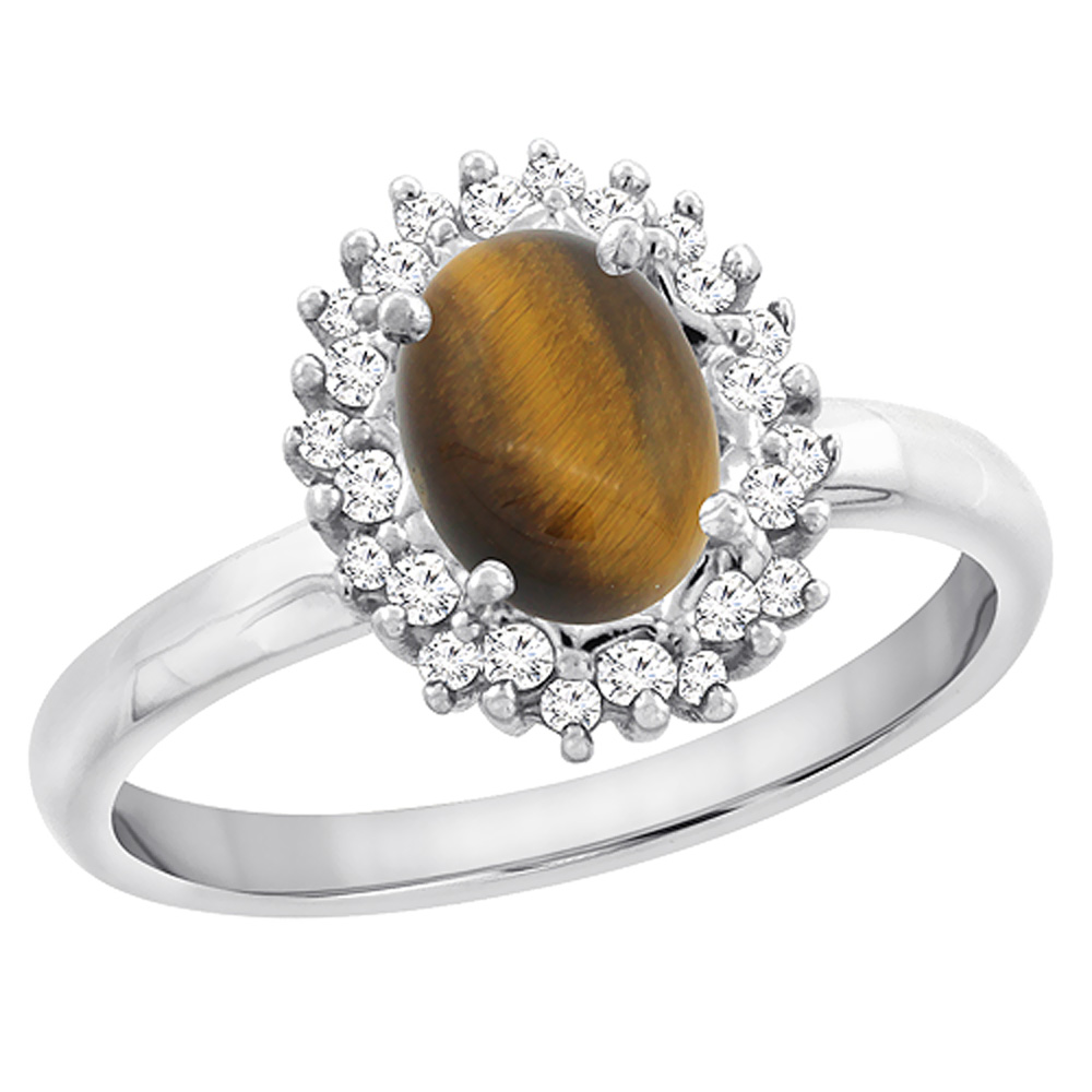 14K White Gold Diamond Natural Tiger Eye Engagement Ring Oval 7x5mm, sizes 5 - 10
