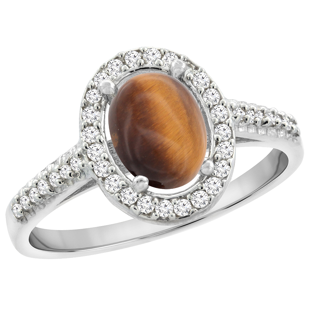 10K White Gold Natural Tiger Eye Engagement Ring Oval 7x5 mm Diamond Halo, sizes 5 - 10