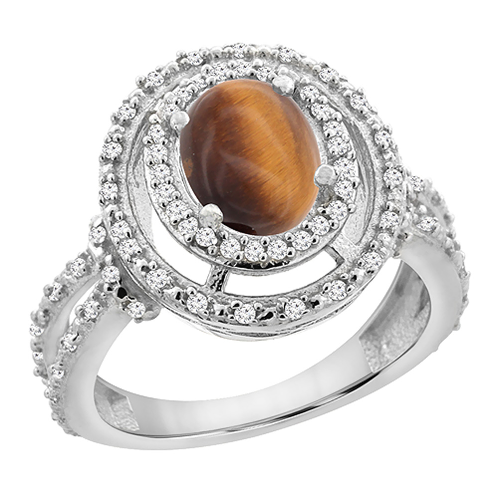 10K White Gold Natural Tiger Eye Ring Oval 8x6 mm Double Halo Diamond, sizes 5 - 10