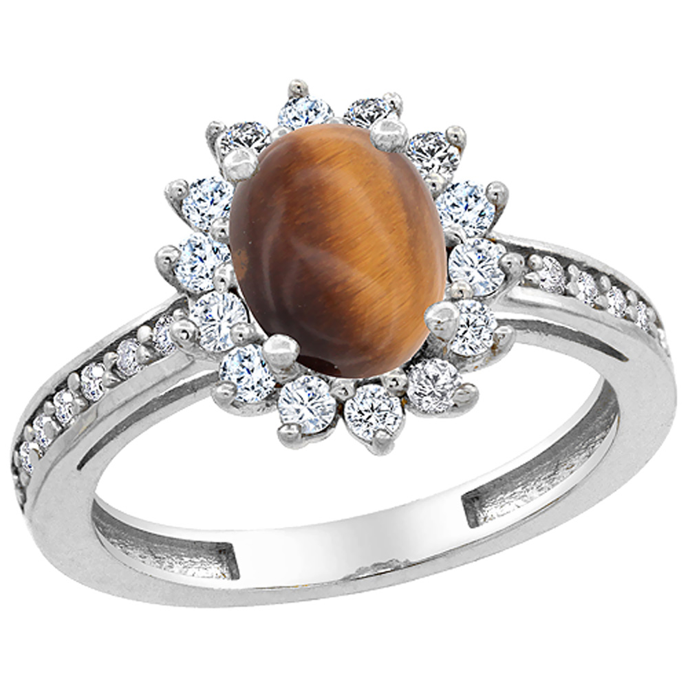 10K White Gold Natural Tiger Eye Floral Halo Ring Oval 8x6mm Diamond Accents, sizes 5 - 10