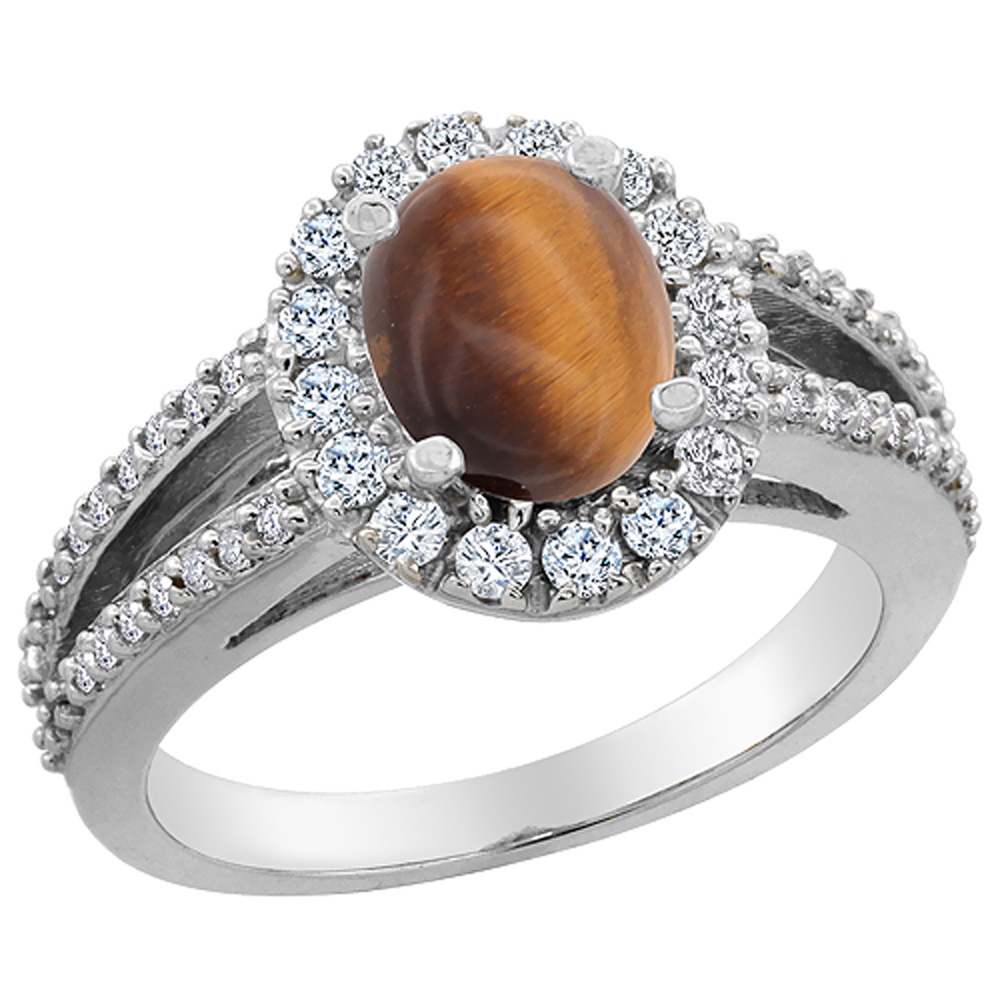 10K White Gold Natural Tiger Eye Halo Ring Oval 8x6 mm with Diamond Accents, sizes 5 - 10