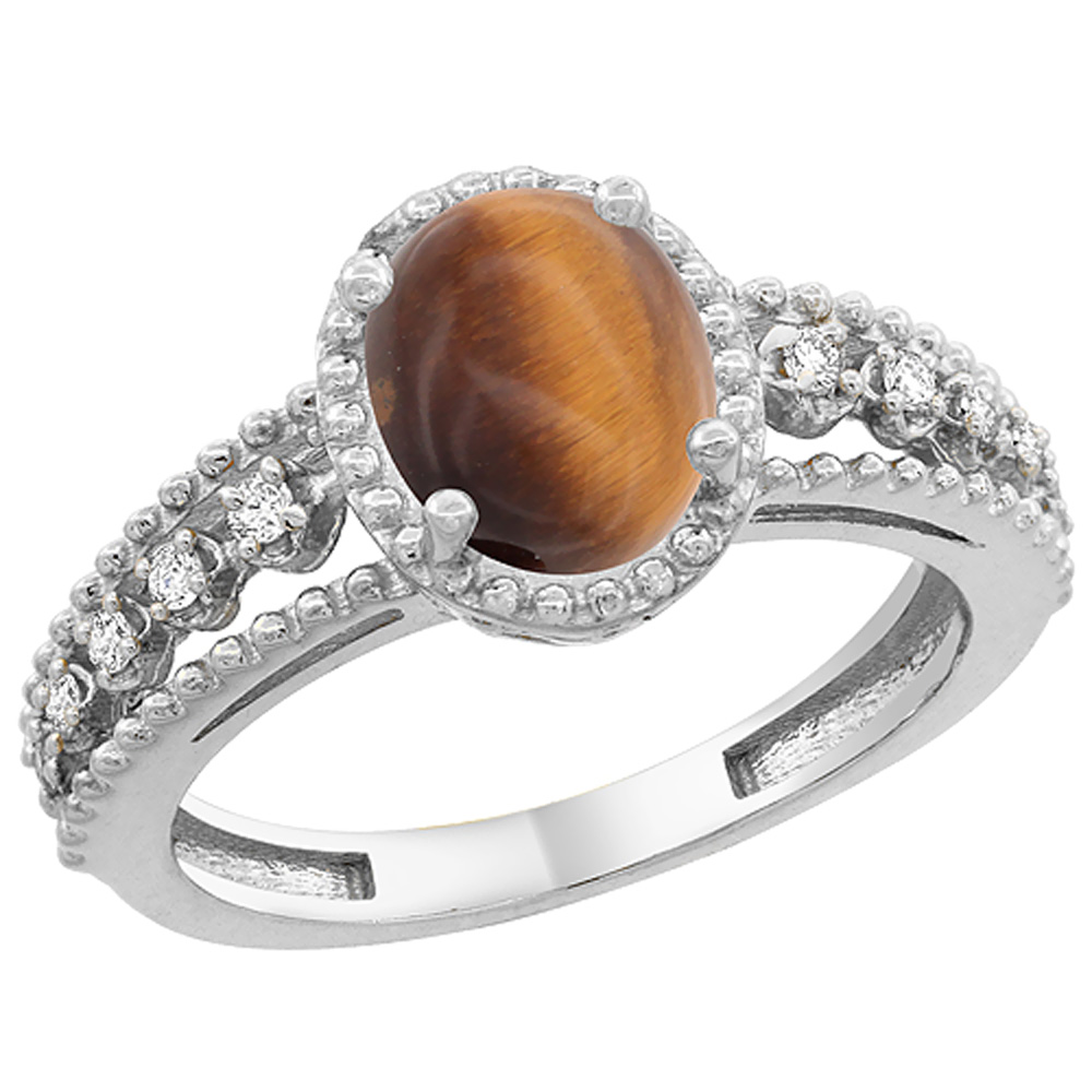 14K White Gold Natural Tiger Eye Ring Oval 8x6 mm Floating Diamond Accents, sizes 5 - 10