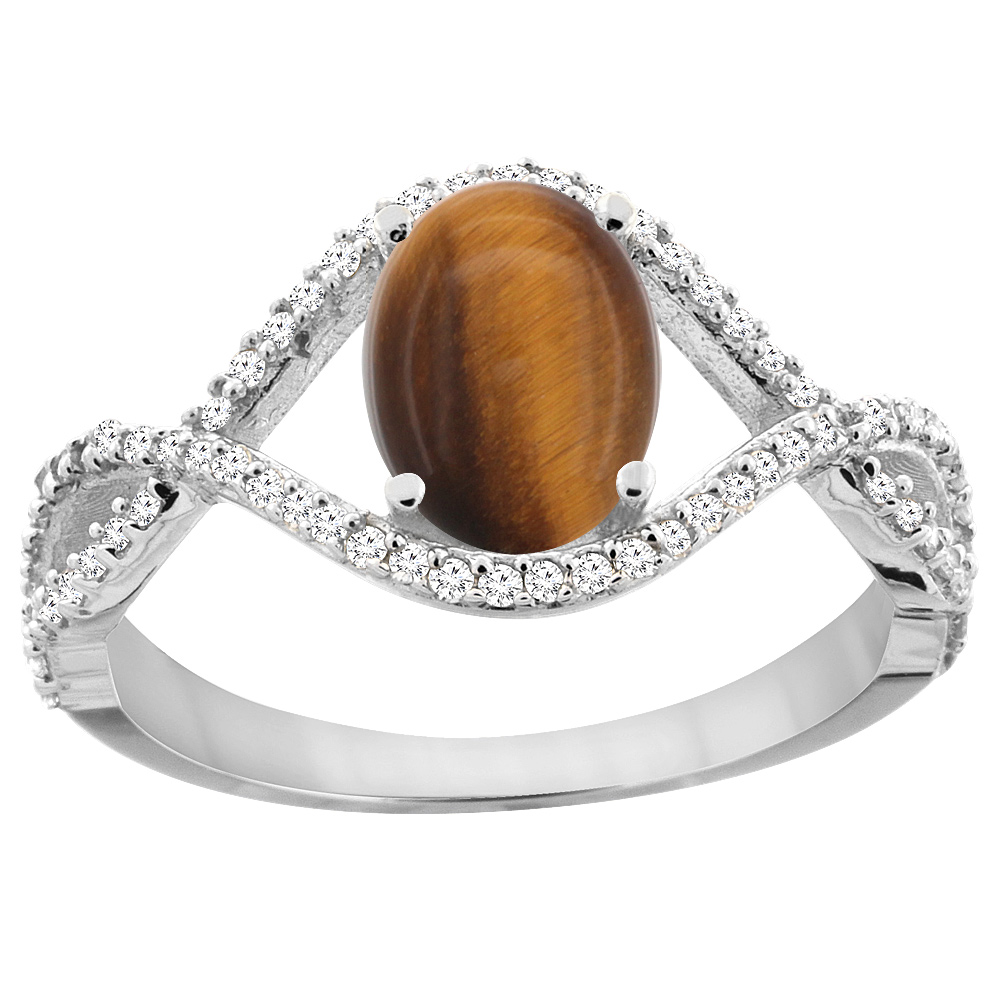 14K White Gold Natural Tiger Eye Ring Oval 8x6 mm Infinity Diamond Accents, sizes 5 - 10