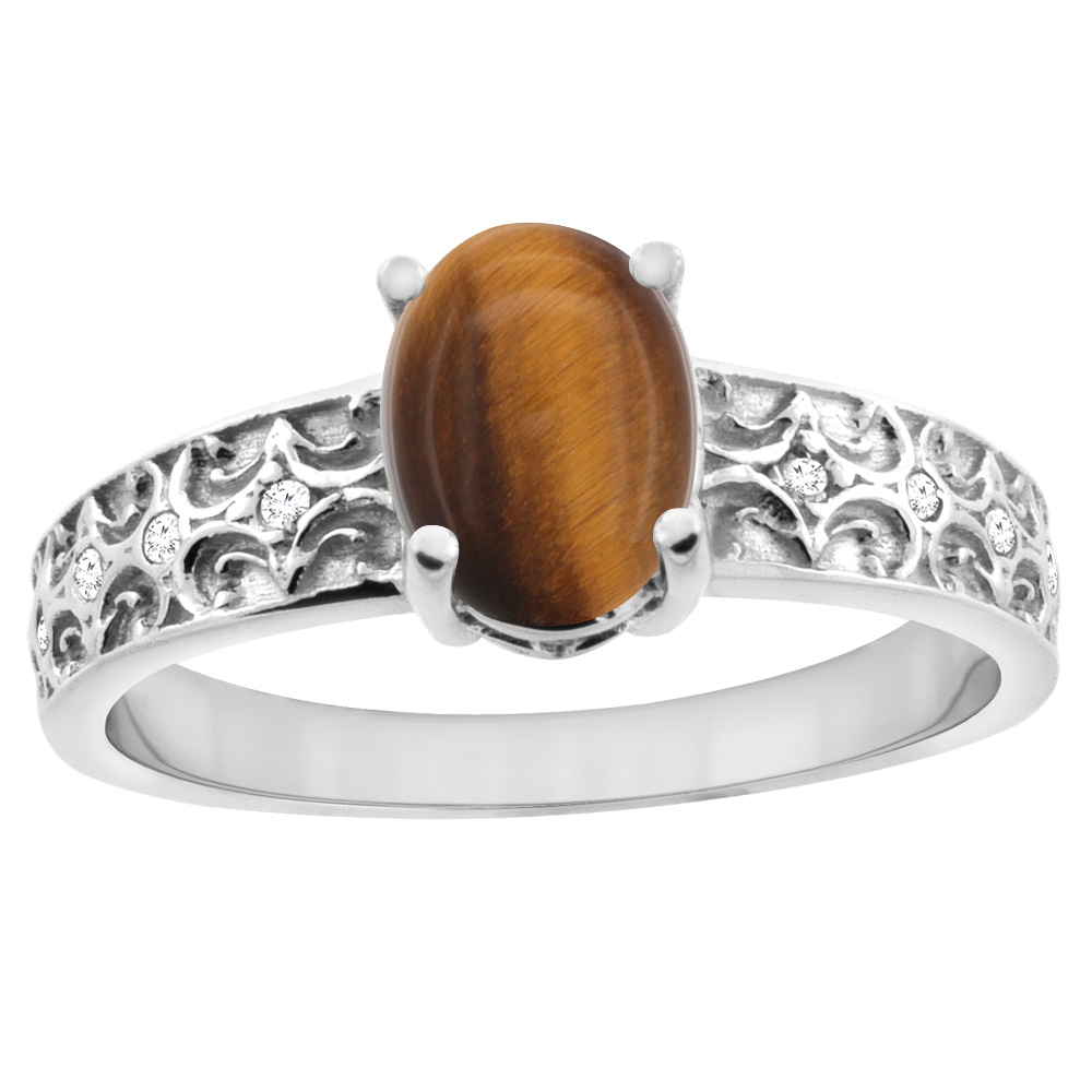 14K White Gold Natural Tiger Eye Ring Oval 8x6 mm Diamond Accents, sizes 5 - 10