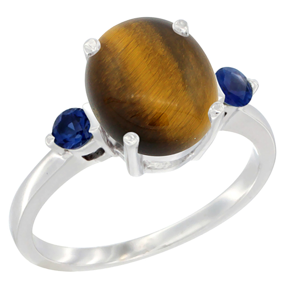 14K White Gold 10x8mm Oval Natural Tiger Eye Ring for Women Blue Sapphire Side-stones sizes 5 - 10