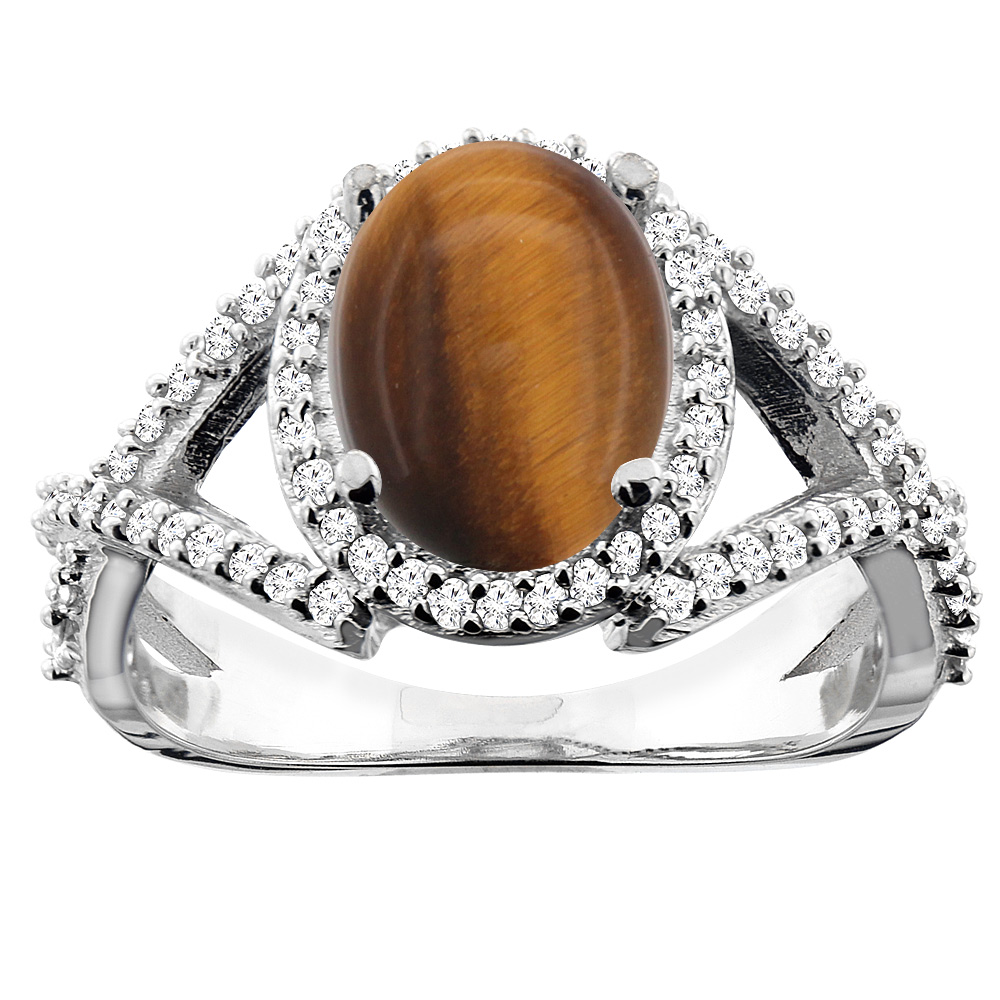 10K White/Yellow/Rose Gold Natural Tiger Eye Ring Oval 10x8mm Diamond Accent, sizes 5 - 10