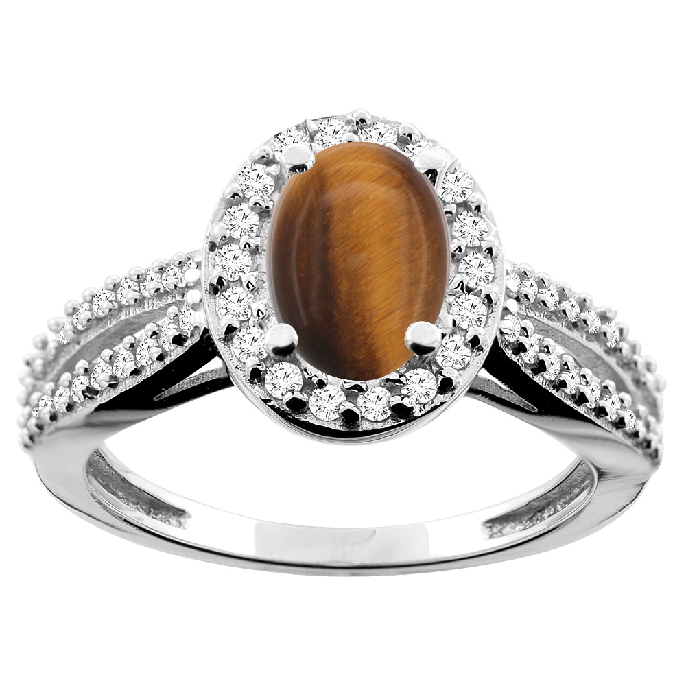 14K White/Yellow/Rose Gold Natural Tiger Eye Ring Oval 8x6mm Diamond Accent, sizes 5 - 10