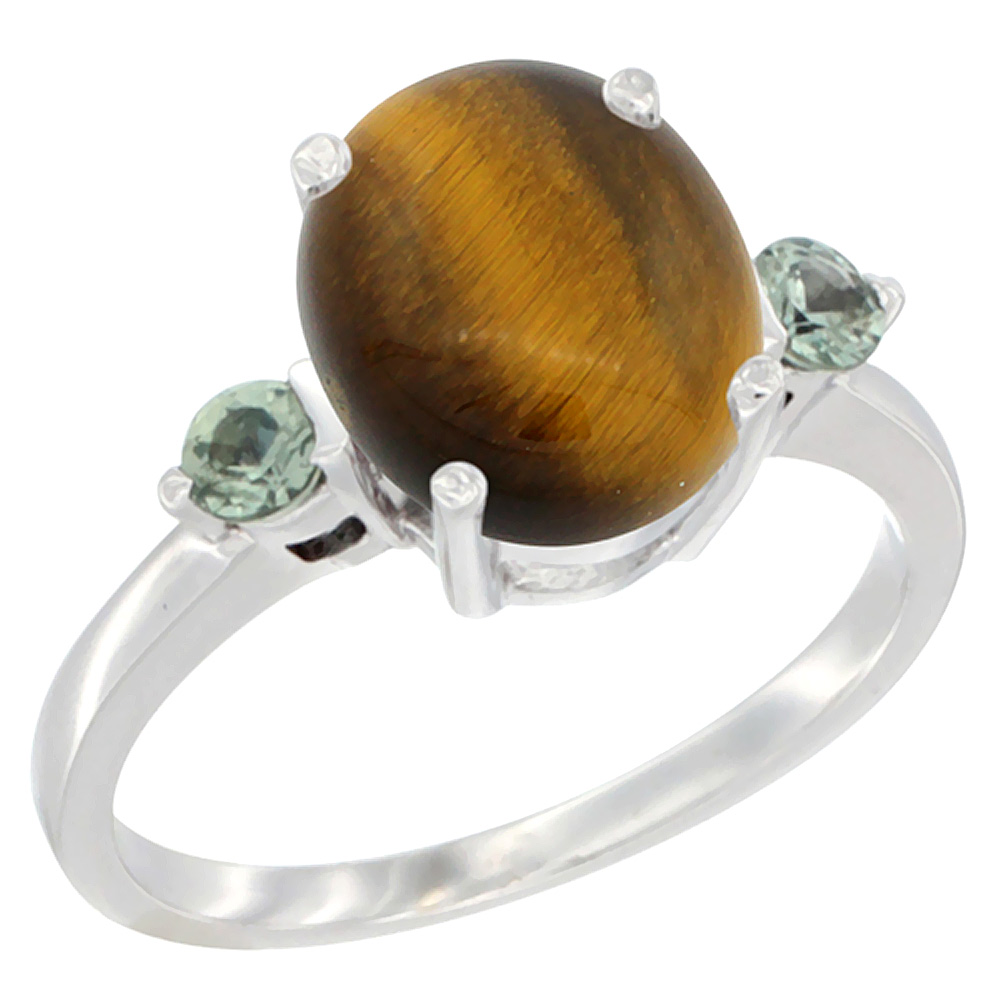 10K White Gold 10x8mm Oval Natural Tiger Eye Ring for Women Green Sapphire Side-stones sizes 5 - 10