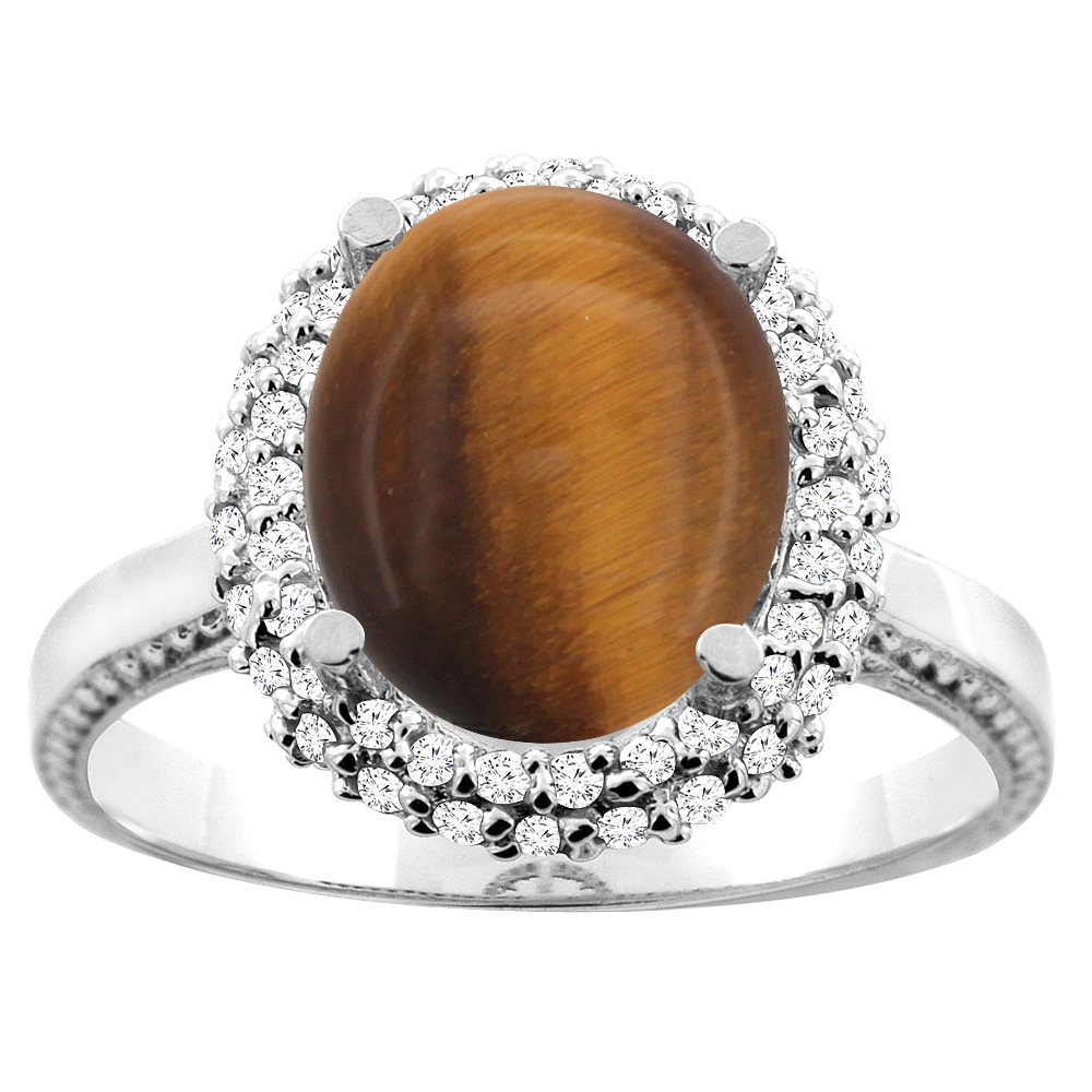 14K White/Yellow Gold Natural Tiger Eye Double Halo Ring Oval 10x8mm Diamond Accent, sizes 5 - 10