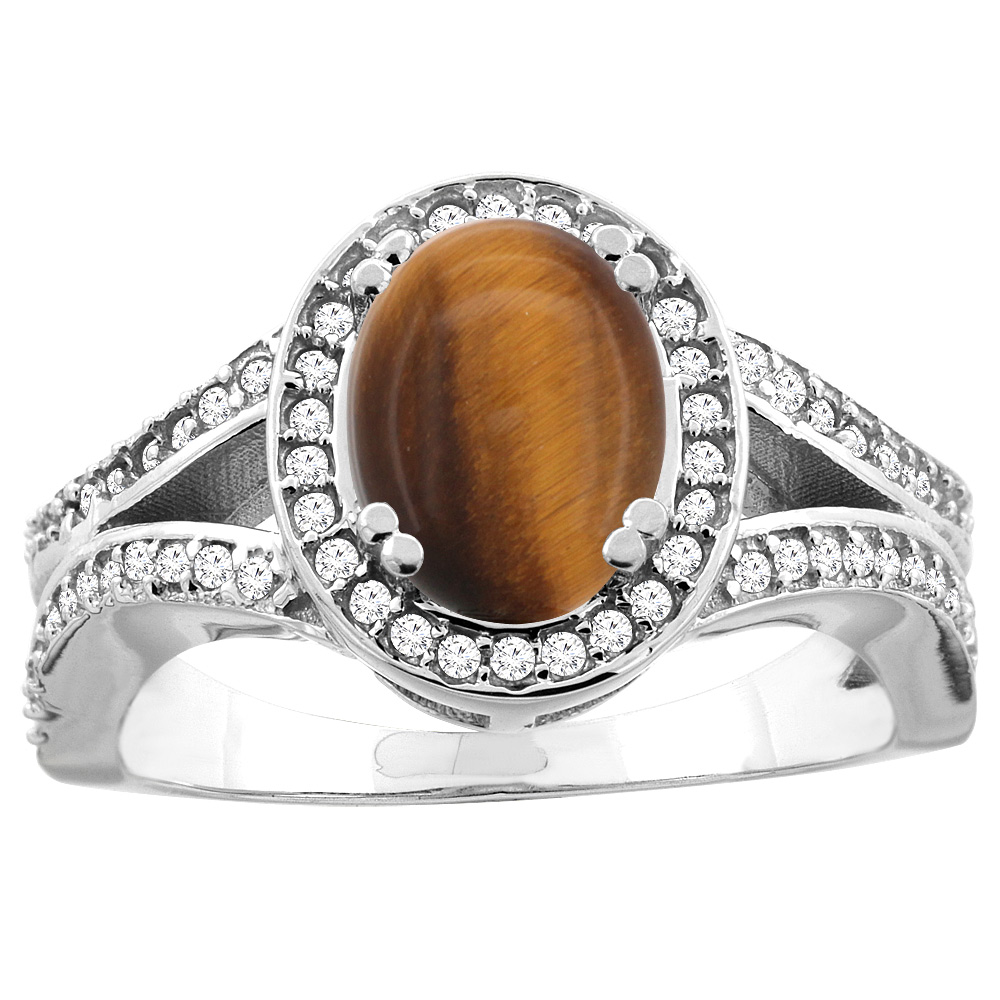 10K White/Yellow Gold Natural Tiger Eye Split Ring Oval 8x6mm Diamond Accent, sizes 5 - 10