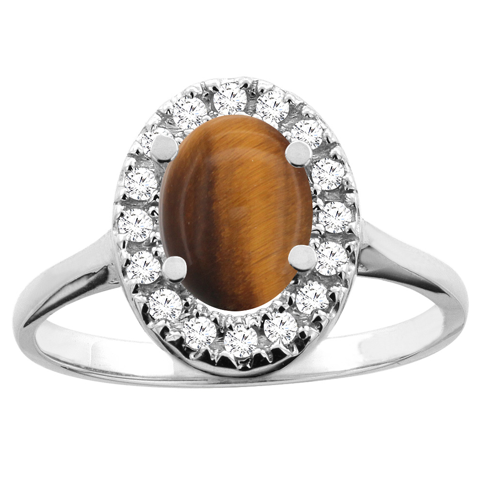 14K White/Yellow Gold Natural Tiger Eye Ring Oval 8x6mm Diamond Accent, sizes 5 - 10
