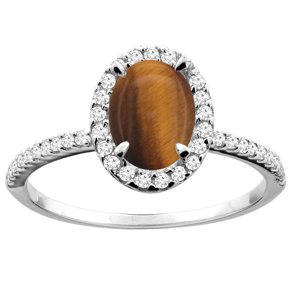 10K White/Yellow Gold Natural Tiger Eye Ring Oval 8x6mm Diamond Accent, sizes 5 - 10