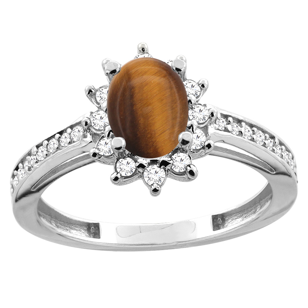 10K White/Yellow Gold Diamond Natural Tiger Eye Floral Halo Engagement Ring Oval 7x5mm, sizes 5 - 10