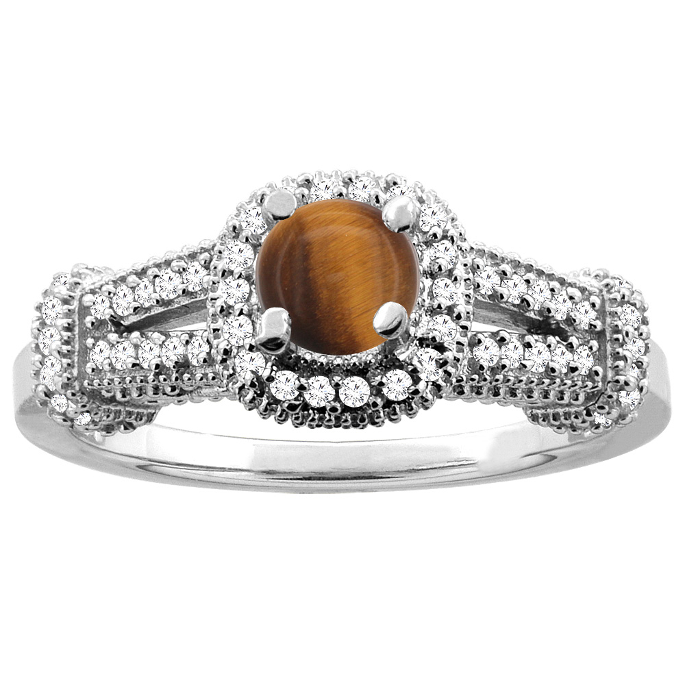 14K White Gold Natural Tiger Eye Engagement Halo Ring Round 5mm Diamond Accents, sizes 5 - 10