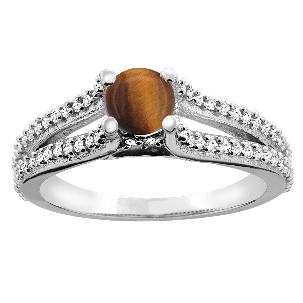 14K Yellow Gold Natural Tiger Eye Engagement Split Shank Ring Round 5mm Diamond Accents, sizes 5 - 10