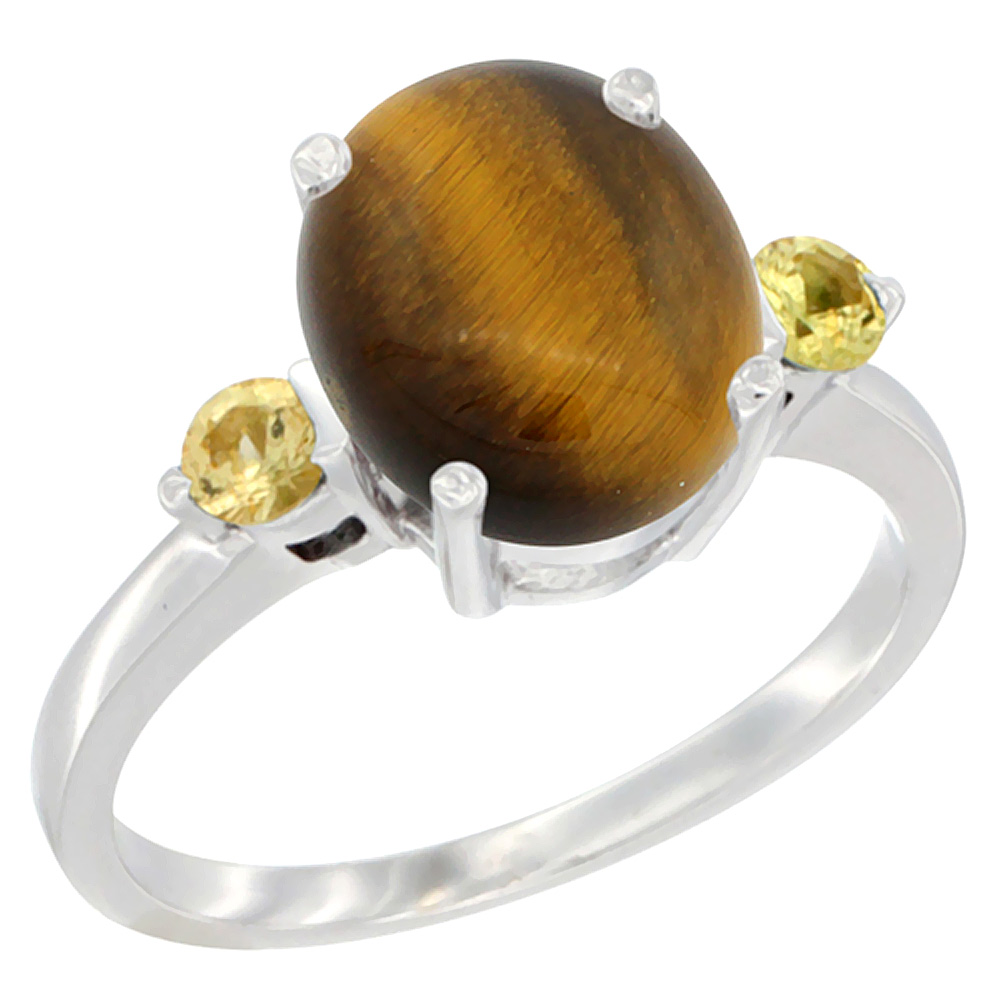 14K White Gold 10x8mm Oval Natural Tiger Eye Ring for Women Yellow Sapphire Side-stones sizes 5 - 10
