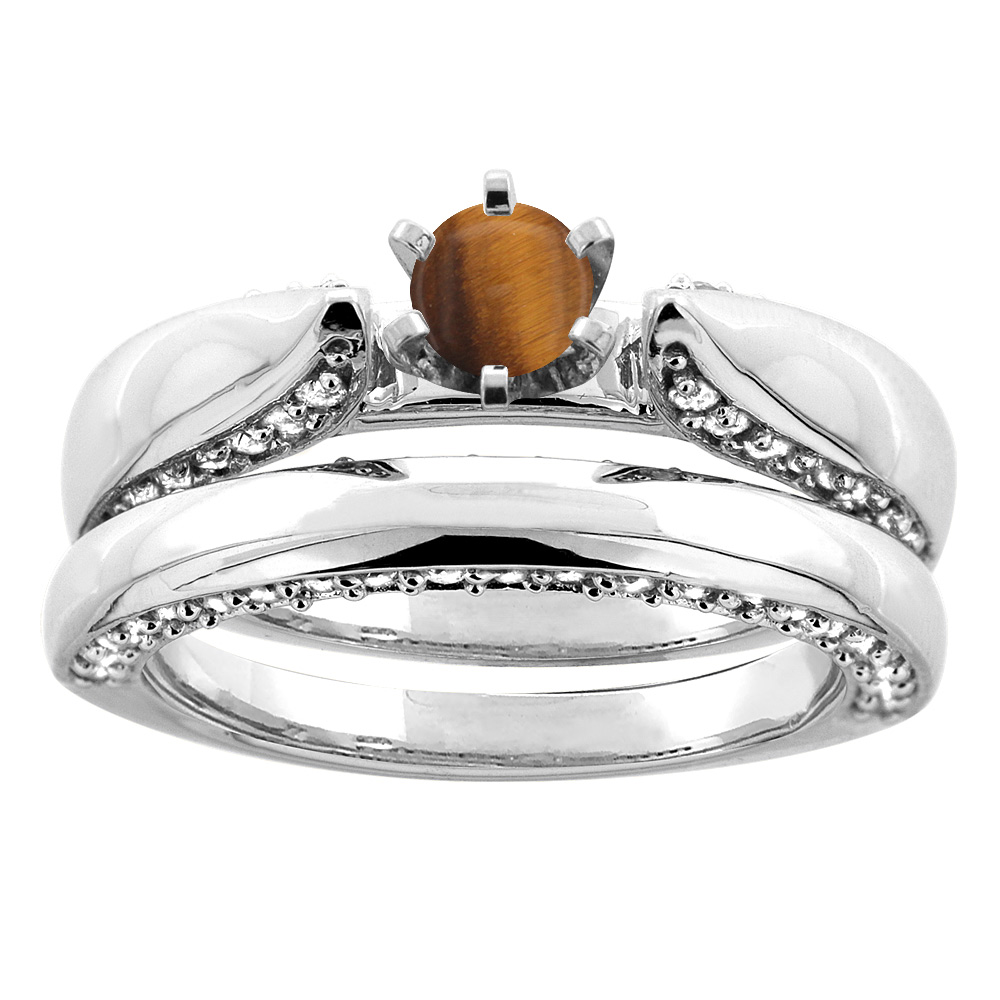 10K White Gold Natural Tiger Eye 2-piece Bridal Ring Set Diamond Accents Round 5mm, sizes 5 - 10