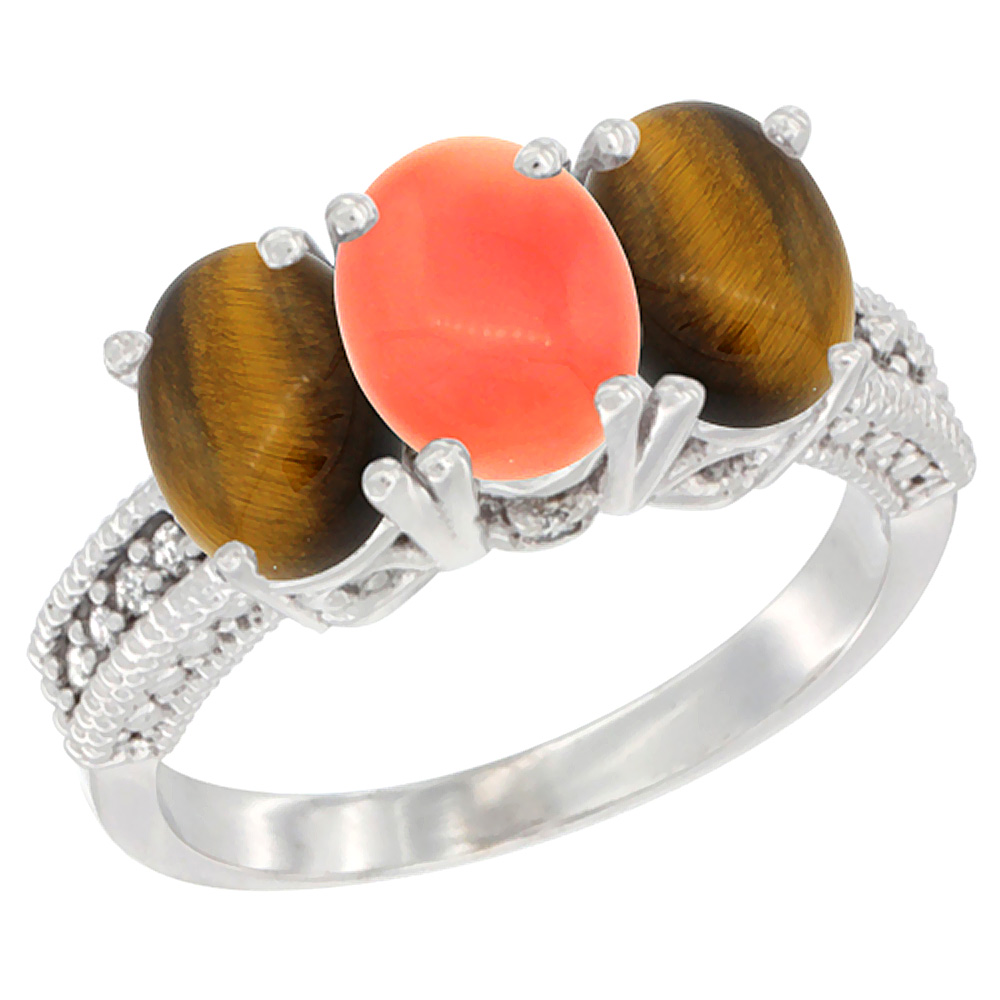 14K White Gold Natural Coral &amp; Tiger Eye Sides Ring 3-Stone 7x5 mm Oval Diamond Accent, sizes 5 - 10