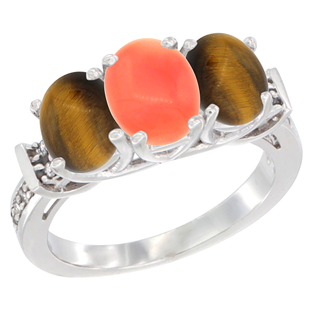 14K White Gold Natural Coral &amp; Tiger Eye Sides Ring 3-Stone Oval Diamond Accent, sizes 5 - 10