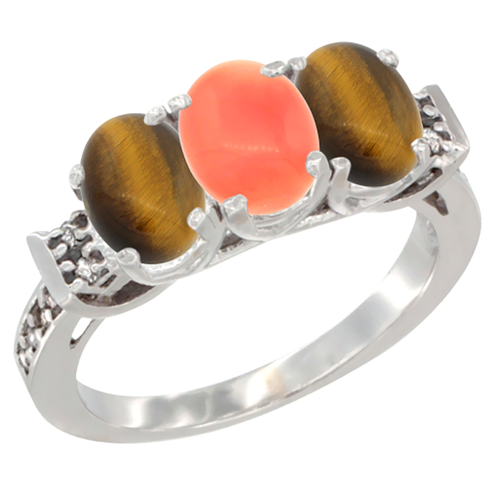 10K White Gold Natural Coral &amp; Tiger Eye Sides Ring 3-Stone Oval 7x5 mm Diamond Accent, sizes 5 - 10