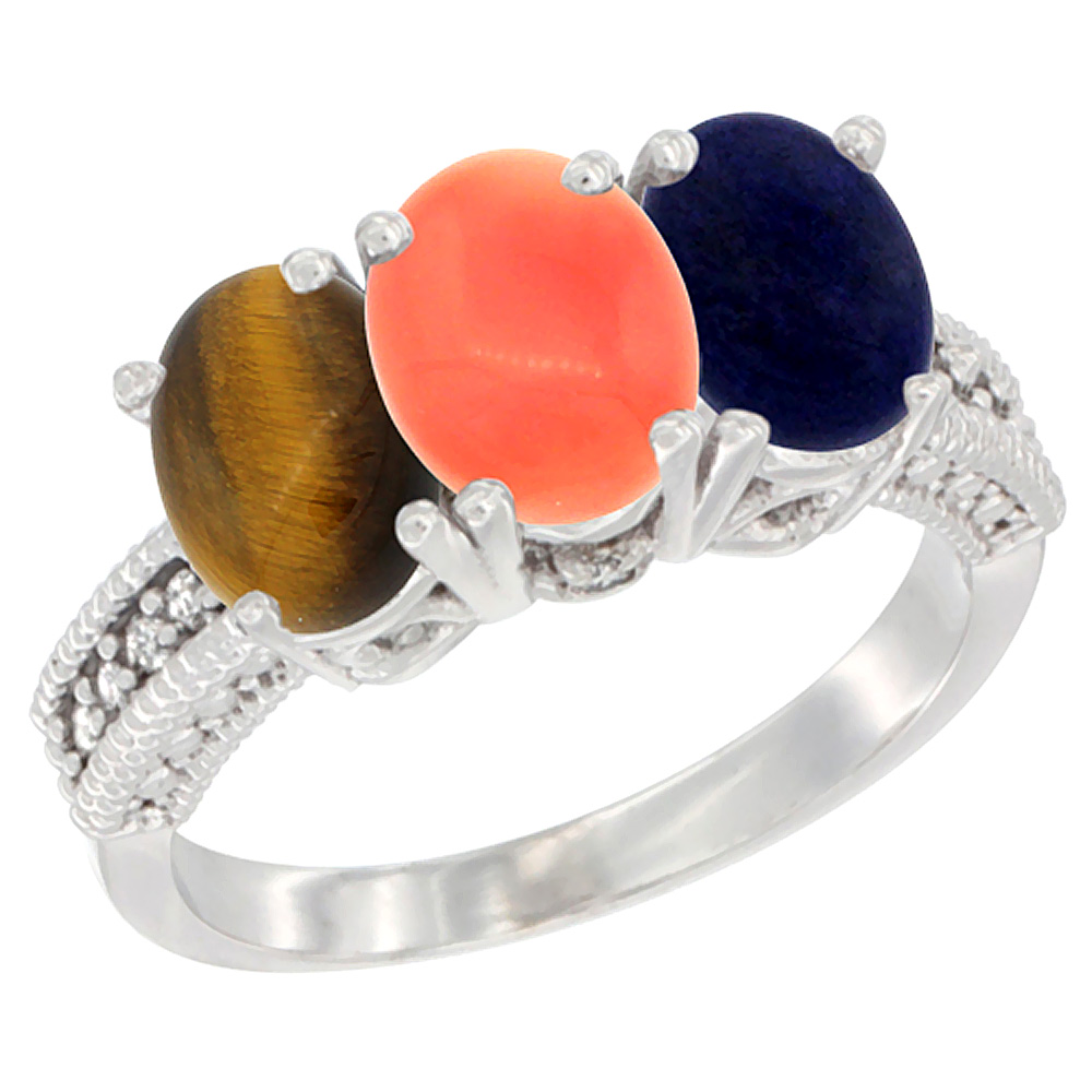 14K White Gold Natural Tiger Eye, Coral & Lapis Ring 3-Stone 7x5 mm Oval Diamond Accent, sizes 5 - 10