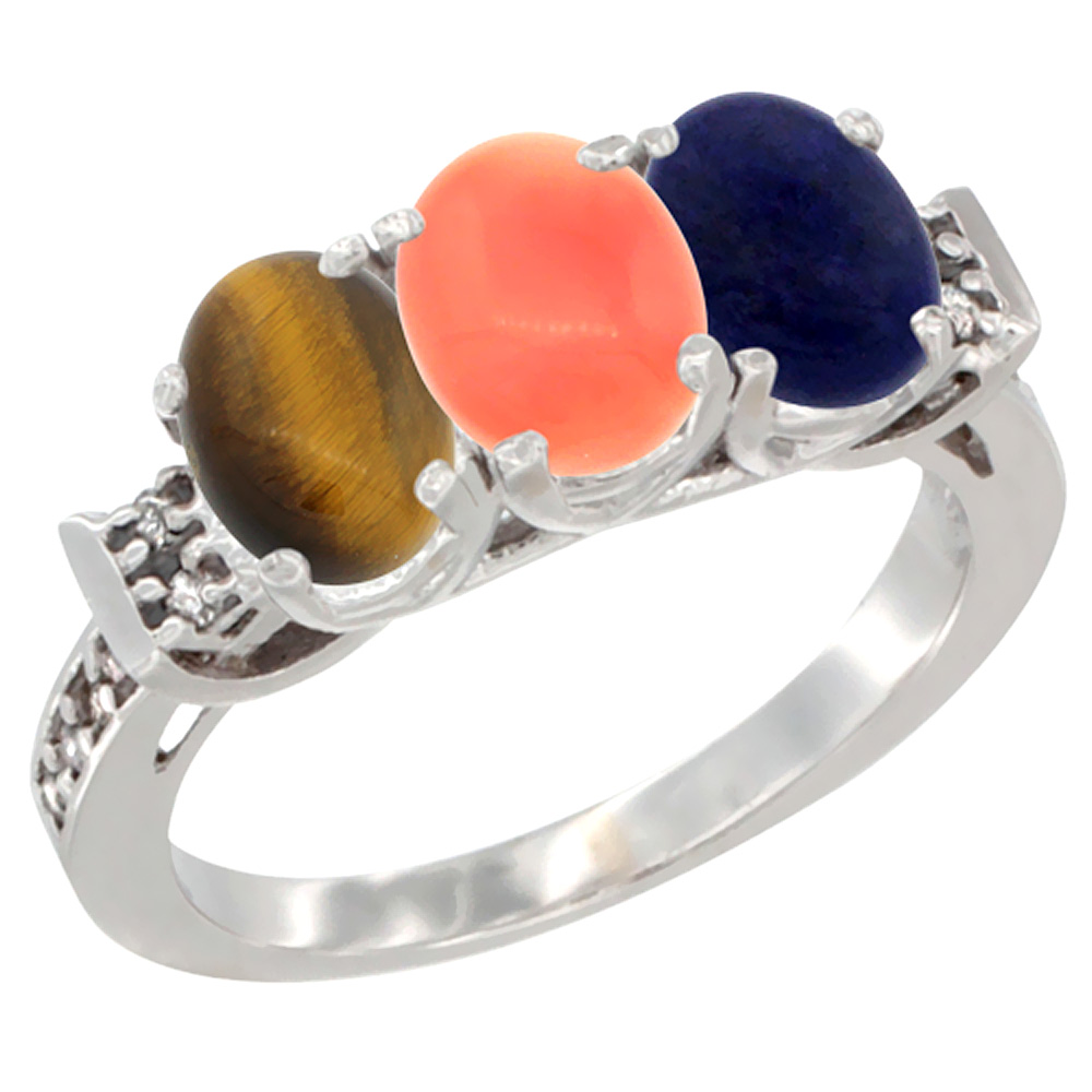 10K White Gold Natural Tiger Eye, Coral &amp; Lapis Ring 3-Stone Oval 7x5 mm Diamond Accent, sizes 5 - 10
