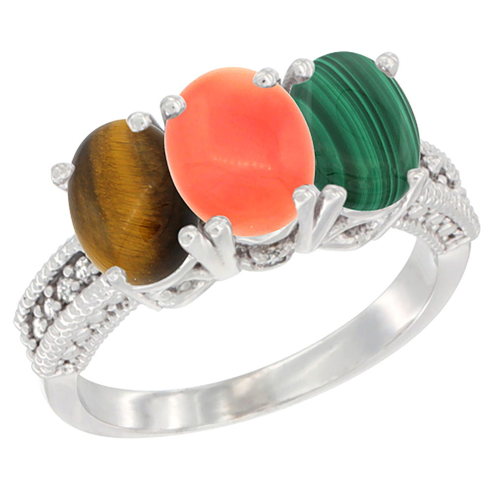 14K White Gold Natural Tiger Eye, Coral &amp; Malachite Ring 3-Stone 7x5 mm Oval Diamond Accent, sizes 5 - 10