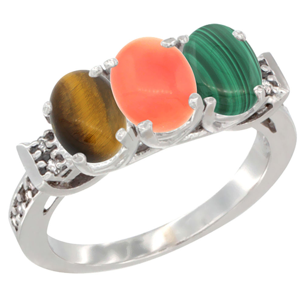 10K White Gold Natural Tiger Eye, Coral &amp; Malachite Ring 3-Stone Oval 7x5 mm Diamond Accent, sizes 5 - 10