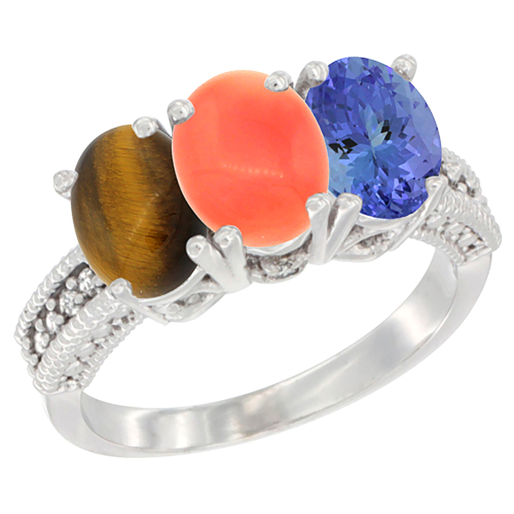 14K White Gold Natural Tiger Eye, Coral &amp; Tanzanite Ring 3-Stone 7x5 mm Oval Diamond Accent, sizes 5 - 10
