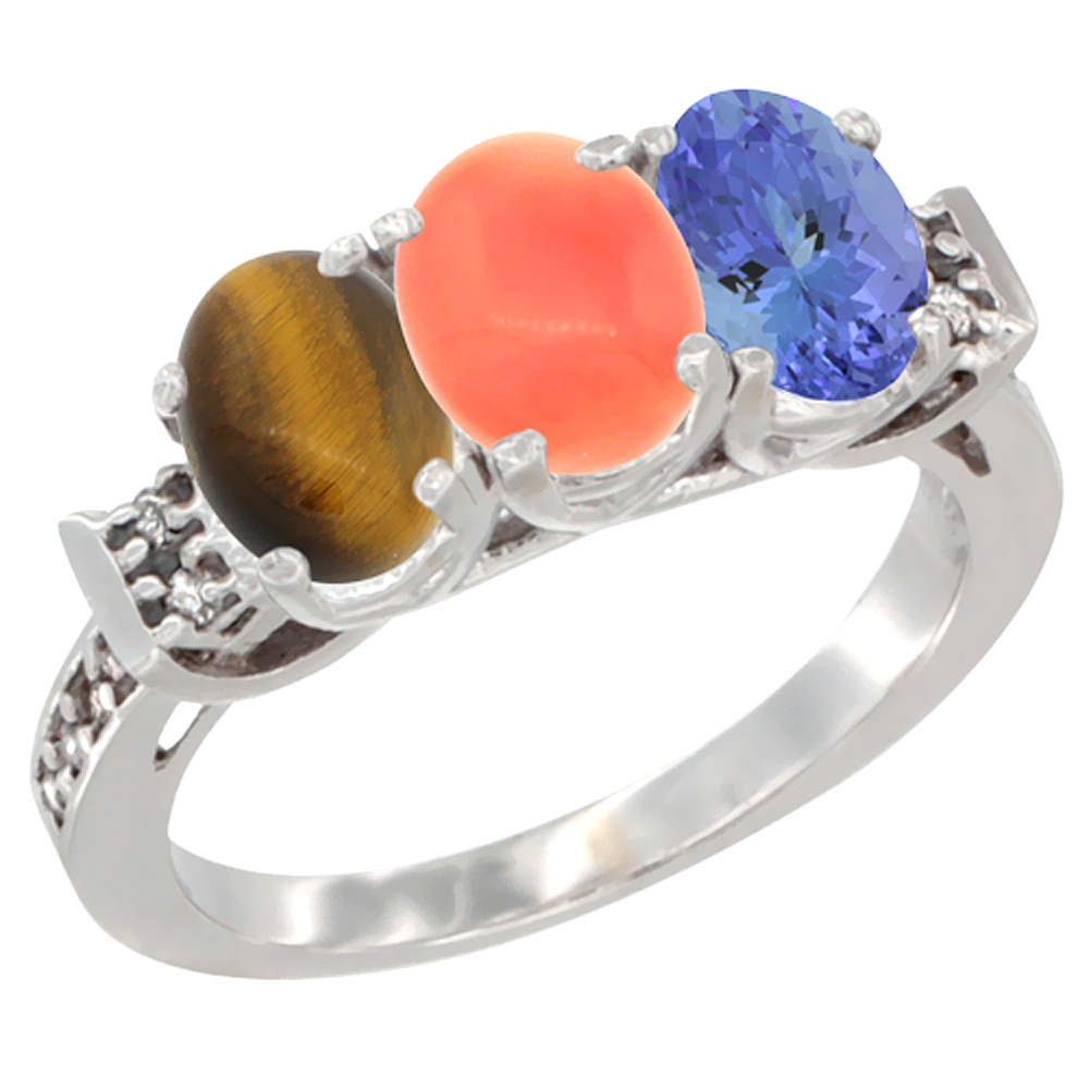 14K White Gold Natural Tiger Eye, Coral &amp; Tanzanite Ring 3-Stone Oval 7x5 mm Diamond Accent, sizes 5 - 10
