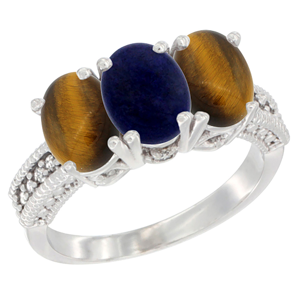 14K White Gold Natural Lapis &amp; Tiger Eye Sides Ring 3-Stone 7x5 mm Oval Diamond Accent, sizes 5 - 10