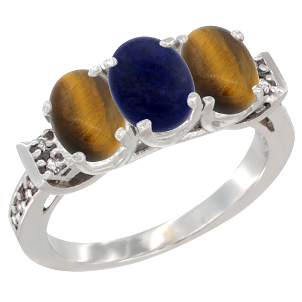14K White Gold Natural Lapis & Tiger Eye Sides Ring 3-Stone Oval 7x5 mm Diamond Accent, sizes 5 - 10