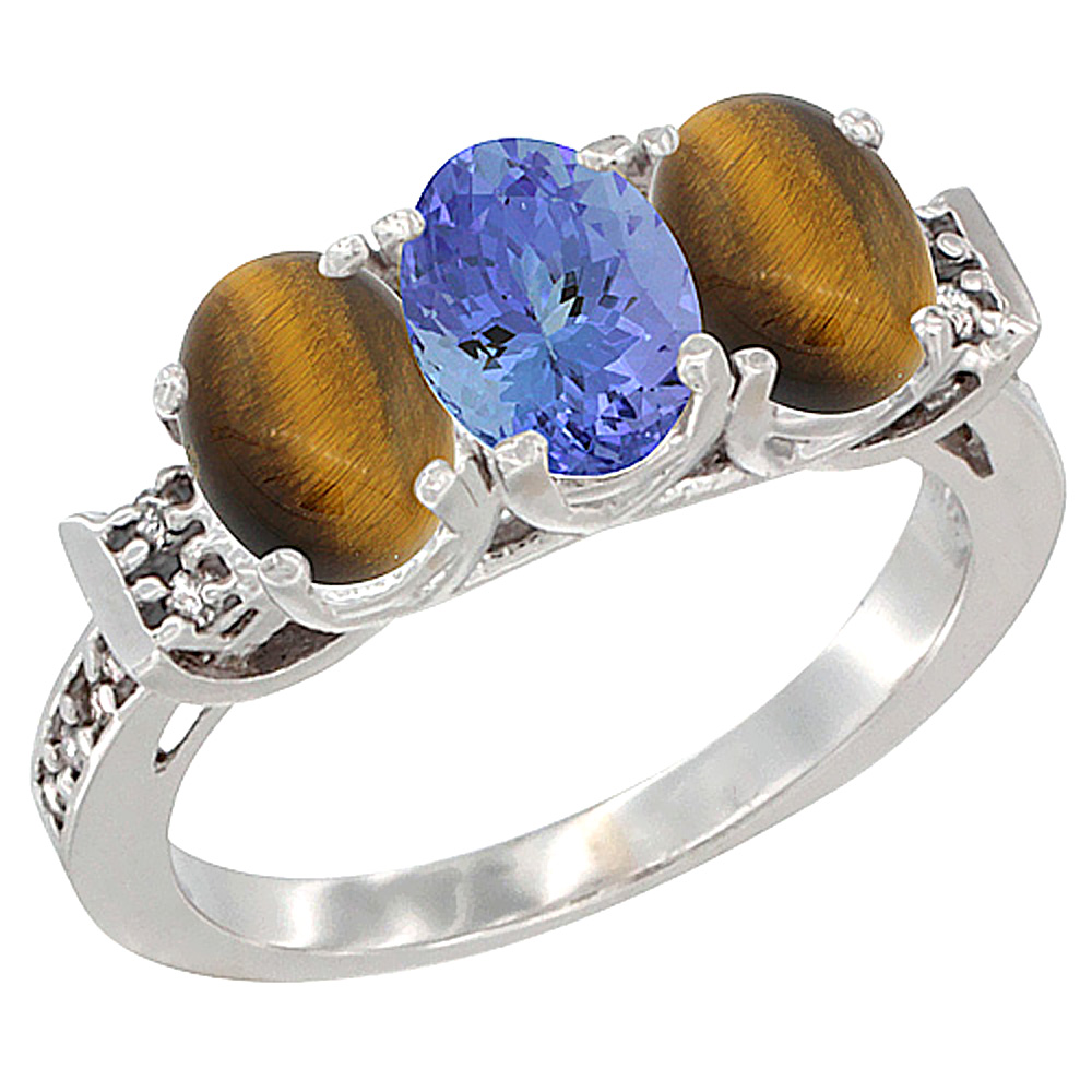 10K White Gold Natural Tanzanite &amp; Tiger Eye Sides Ring 3-Stone Oval 7x5 mm Diamond Accent, sizes 5 - 10