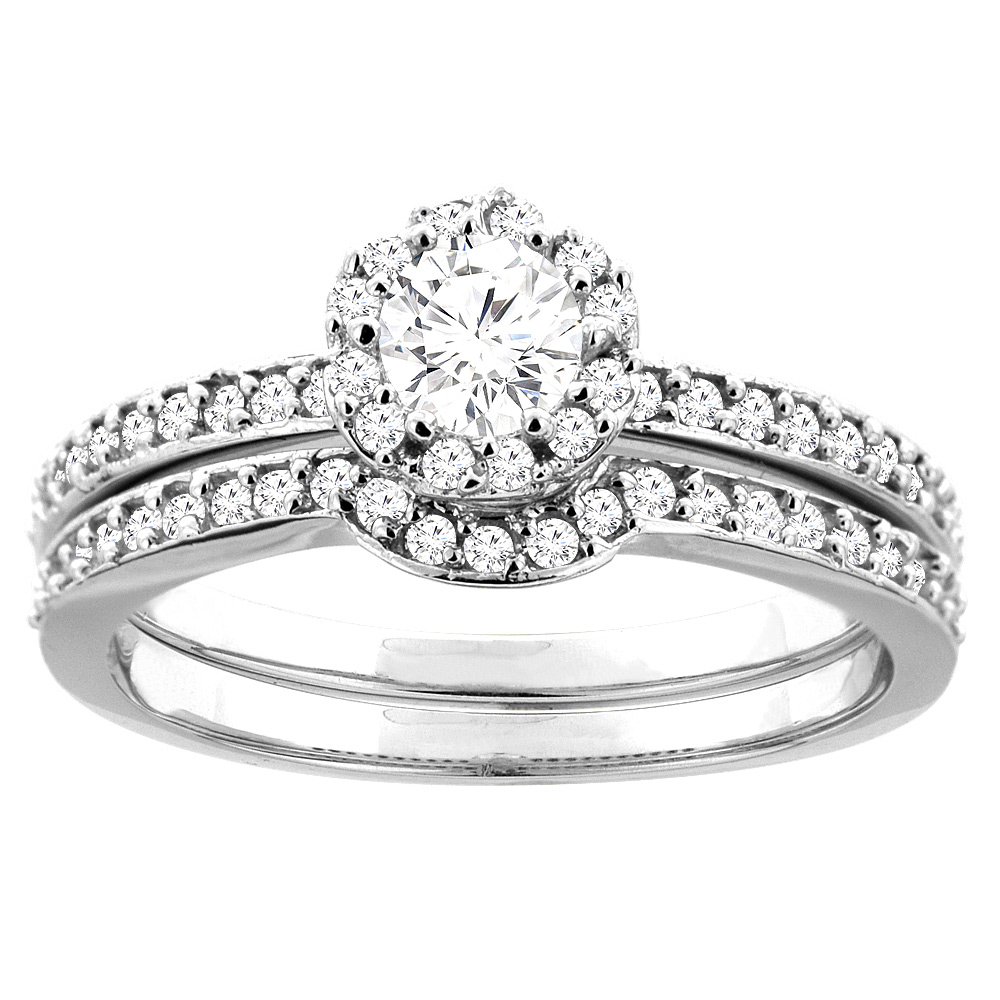 14K Yellow Gold 0.61 ct Round Diamond Halo 2-pc Bridal Ring Set, sizes 5 - 10
