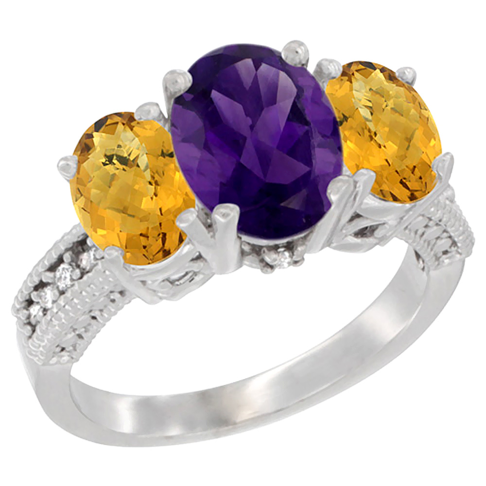 14K White Gold Diamond Natural Amethyst Ring 3-Stone Oval 8x6mm with Whisky Quartz, sizes5-10