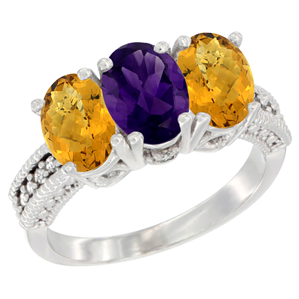 14K White Gold Natural Amethyst Ring with Whisky Quartz 3-Stone 7x5 mm Oval Diamond Accent, sizes 5 - 10