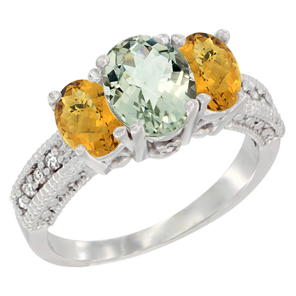 10K White Gold Diamond Natural Green Amethyst Ring Oval 3-stone with Whisky Quartz, sizes 5 - 10