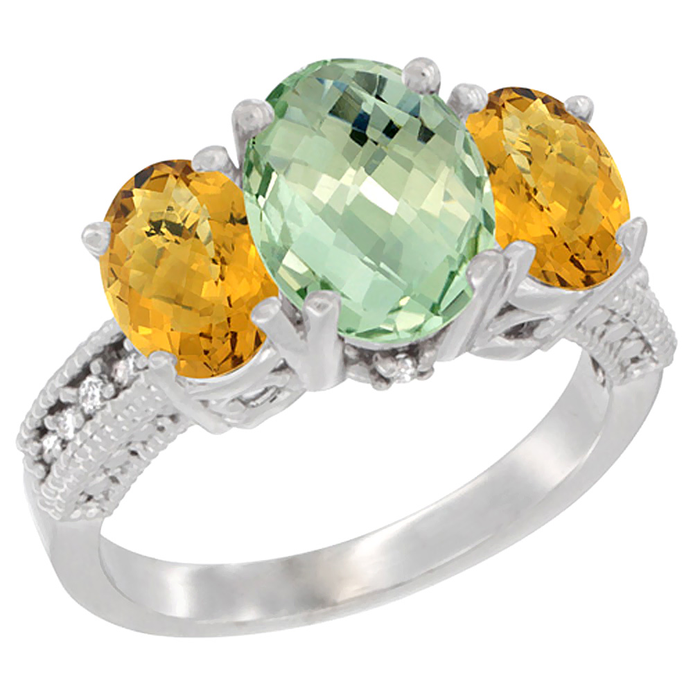 14K White Gold Diamond Natural Green Amethyst Ring 3-Stone Oval 8x6mm with Whisky Quartz, sizes5-10