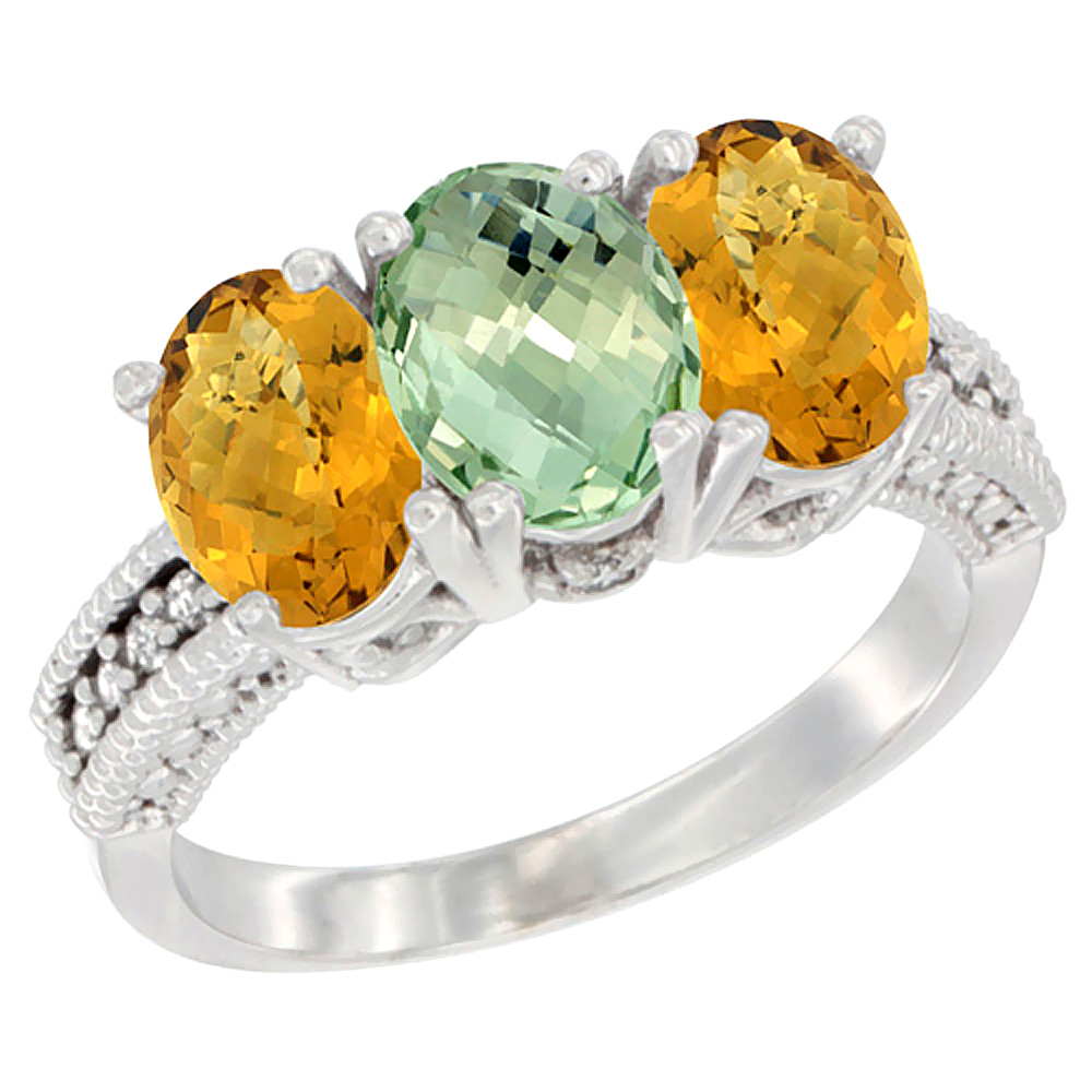 14K White Gold Natural Green Amethyst Ring with Whisky Quartz 3-Stone 7x5 mm Oval Diamond Accent, sizes 5 - 10