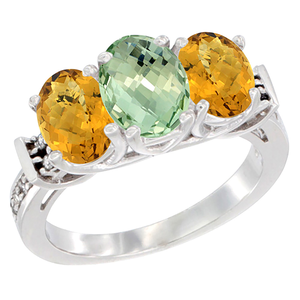 10K White Gold Natural Green Amethyst &amp; Whisky Quartz Sides Ring 3-Stone Oval Diamond Accent, sizes 5 - 10